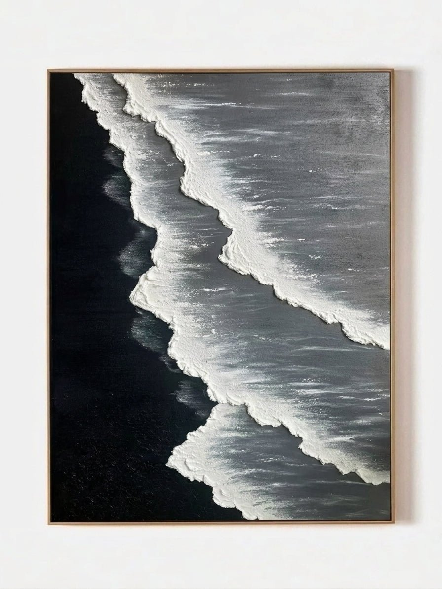 Large vertical hand-painted black sand beach seascape with heavy 3D textured white waves and grey ocean by Leo Liang in a modern living room.