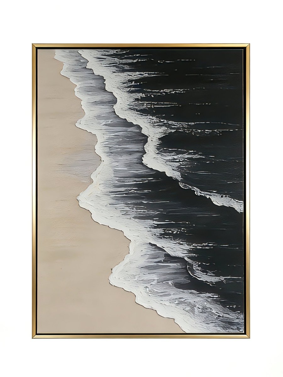 Large vertical hand-painted black ocean painting with heavy 3D white foam texture and beige sand by Leo Liang in a modern minimalist interior.