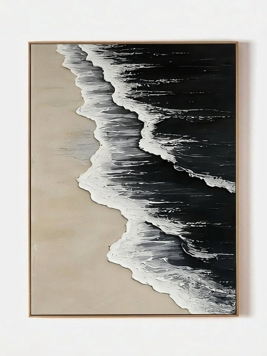 Large vertical hand-painted black ocean painting with heavy 3D white foam texture and beige sand by Leo Liang in a modern minimalist interior.