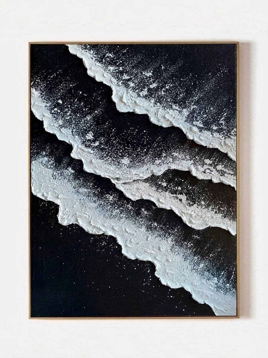 Large vertical hand-painted black and white abstract seascape with extra heavy 3D textured waves by Leo Liang in a modern minimalist room.