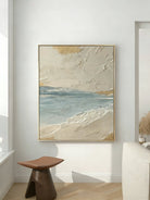 Close-up of heavy 3D impasto texture on a coastal seascape painting by Leo Liang, featuring seafoam green waves and golden sand textures on canvas.