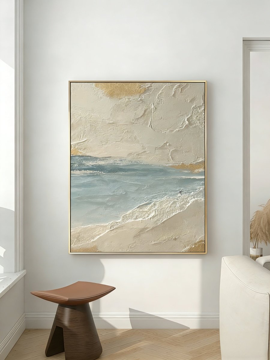 Close-up of heavy 3D impasto texture on a coastal seascape painting by Leo Liang, featuring seafoam green waves and golden sand textures on canvas.