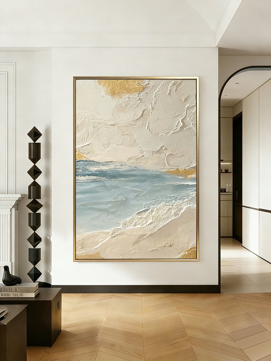 Close-up of heavy 3D impasto texture on a coastal seascape painting by Leo Liang, featuring seafoam green waves and golden sand textures on canvas.