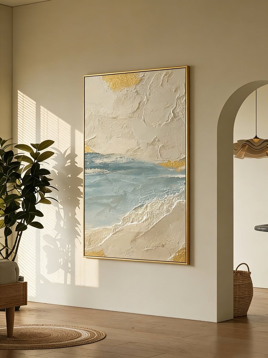 Close-up of heavy 3D impasto texture on a coastal seascape painting by Leo Liang, featuring seafoam green waves and golden sand textures on canvas.