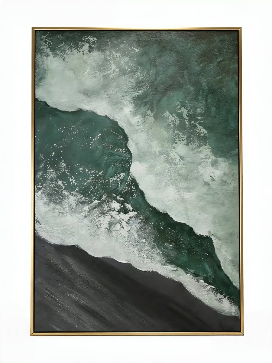 A large vertical 3D textured seascape painting by Leo Liang featuring deep emerald green waves crashing on a black sand shore, displayed in a modern living room.