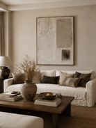Close-up of heavy textured abstract oil painting in beige and cream by Leo Liang, minimalist wabi-sabi wall art for modern living room decor.