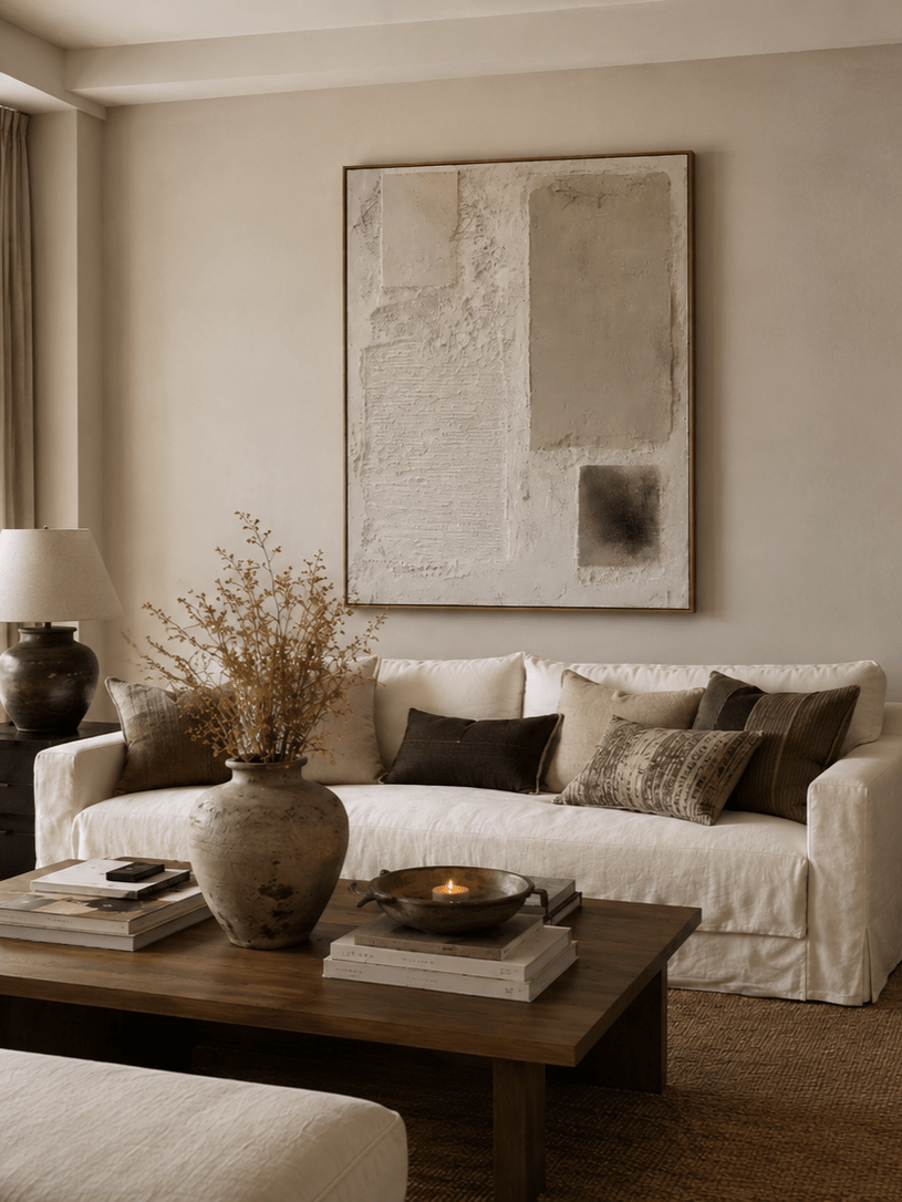 Close-up of heavy textured abstract oil painting in beige and cream by Leo Liang, minimalist wabi-sabi wall art for modern living room decor.