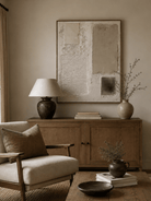 Close-up of heavy textured abstract oil painting in beige and cream by Leo Liang, minimalist wabi-sabi wall art for modern living room decor.