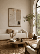 Close-up of heavy textured abstract oil painting in beige and cream by Leo Liang, minimalist wabi-sabi wall art for modern living room decor.