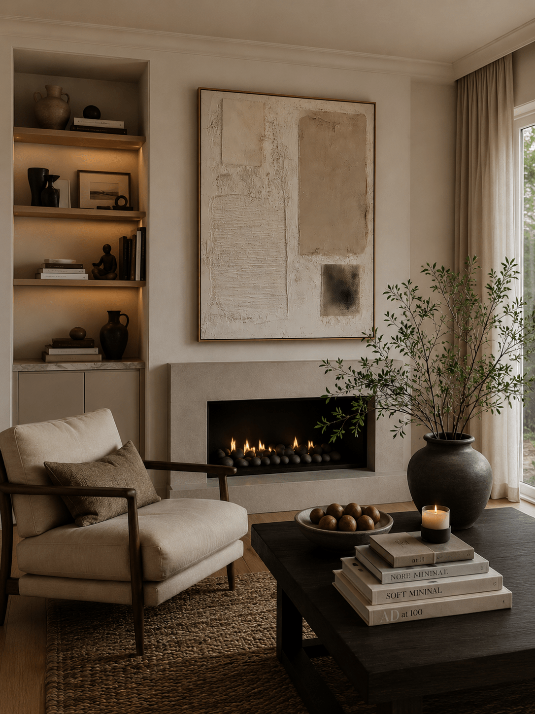 Close-up of heavy textured abstract oil painting in beige and cream by Leo Liang, minimalist wabi-sabi wall art for modern living room decor.