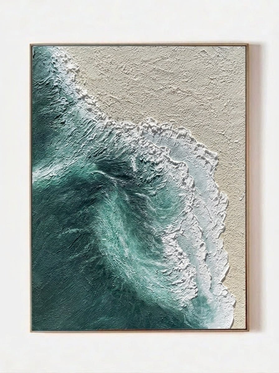 Hand-painted 3D heavy textured ocean wave art on canvas by Leo Liang, teal and beige coastal wabi-sabi wall art for modern living room decor.