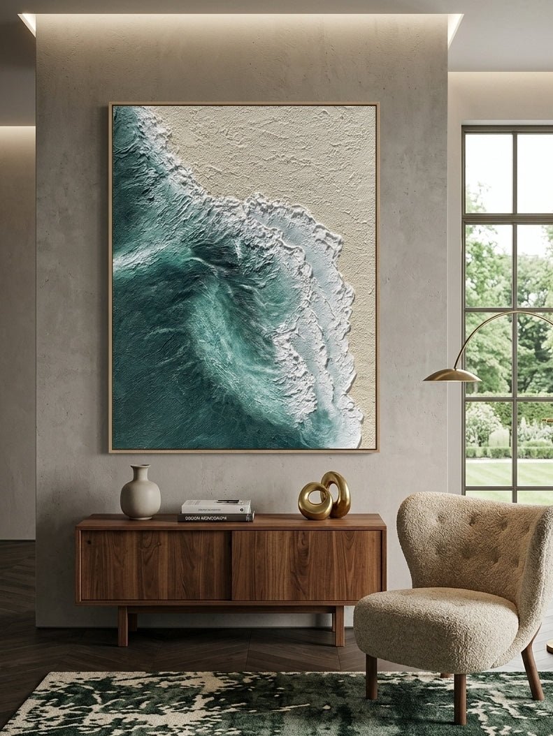 Hand-painted 3D heavy textured ocean wave art on canvas by Leo Liang, teal and beige coastal wabi-sabi wall art for modern living room decor.