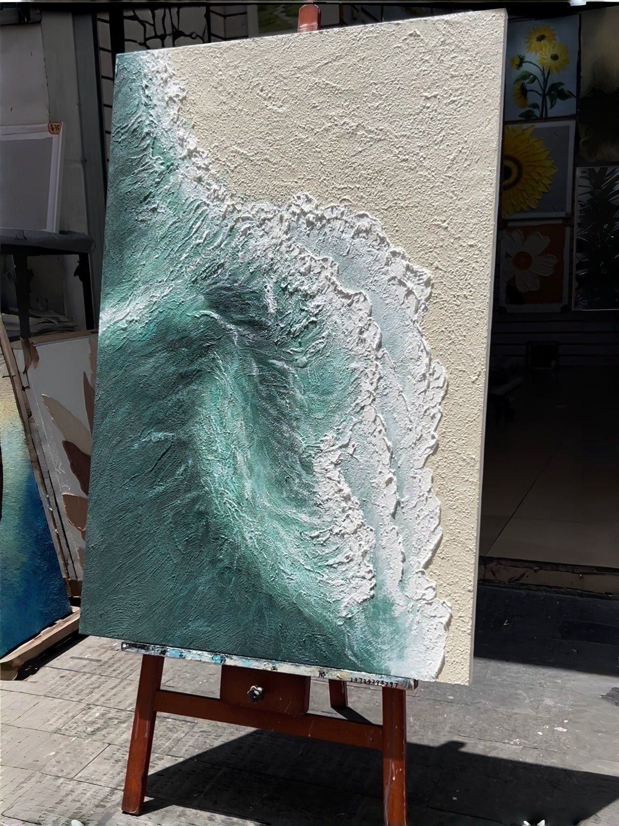 Hand-painted 3D heavy textured ocean wave art on canvas by Leo Liang, teal and beige coastal wabi-sabi wall art for modern living room decor.