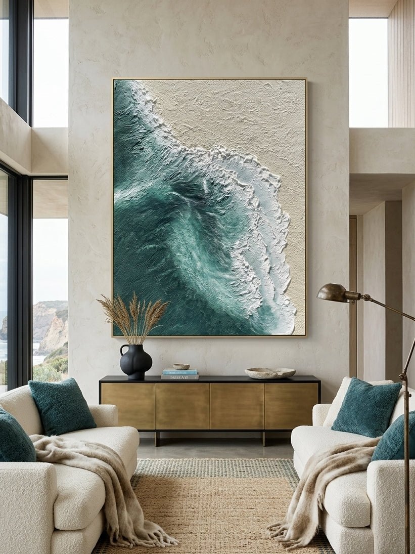 Hand-painted 3D heavy textured ocean wave art on canvas by Leo Liang, teal and beige coastal wabi-sabi wall art for modern living room decor.