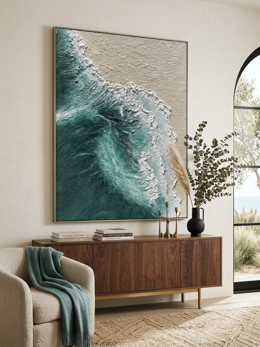 Hand-painted 3D heavy textured ocean wave art on canvas by Leo Liang, teal and beige coastal wabi-sabi wall art for modern living room decor.