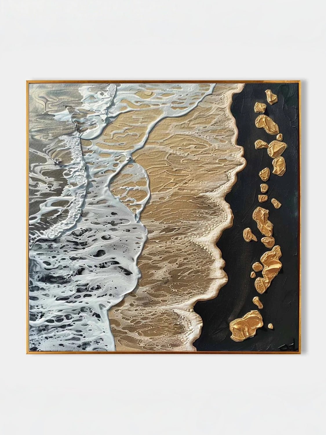 A large square 3D textured white abstract painting with sculpted gold leaf curves by Leo Liang, hung in a modern minimalist living room.
