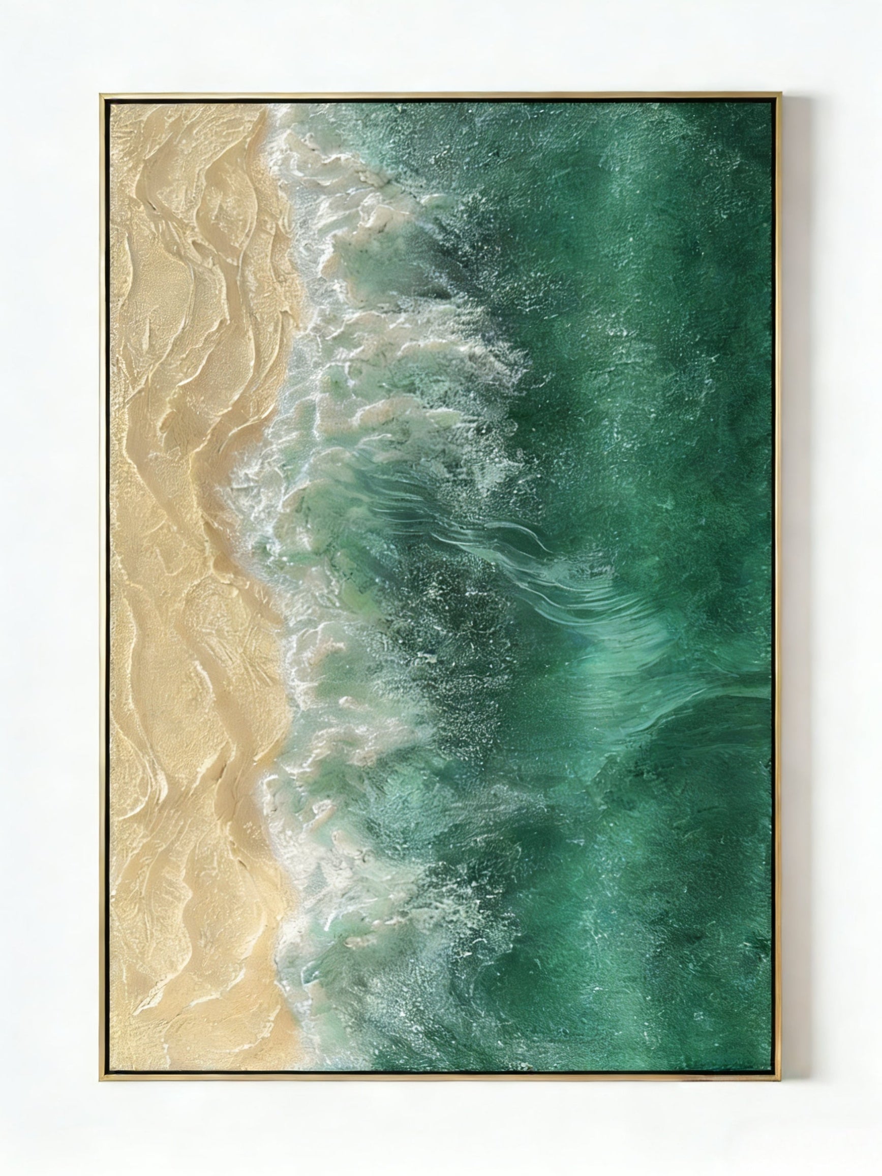 Hand-painted 3D textured aerial ocean waves and gold sand beach oil painting on canvas by Leo Liang, modern coastal wall art.