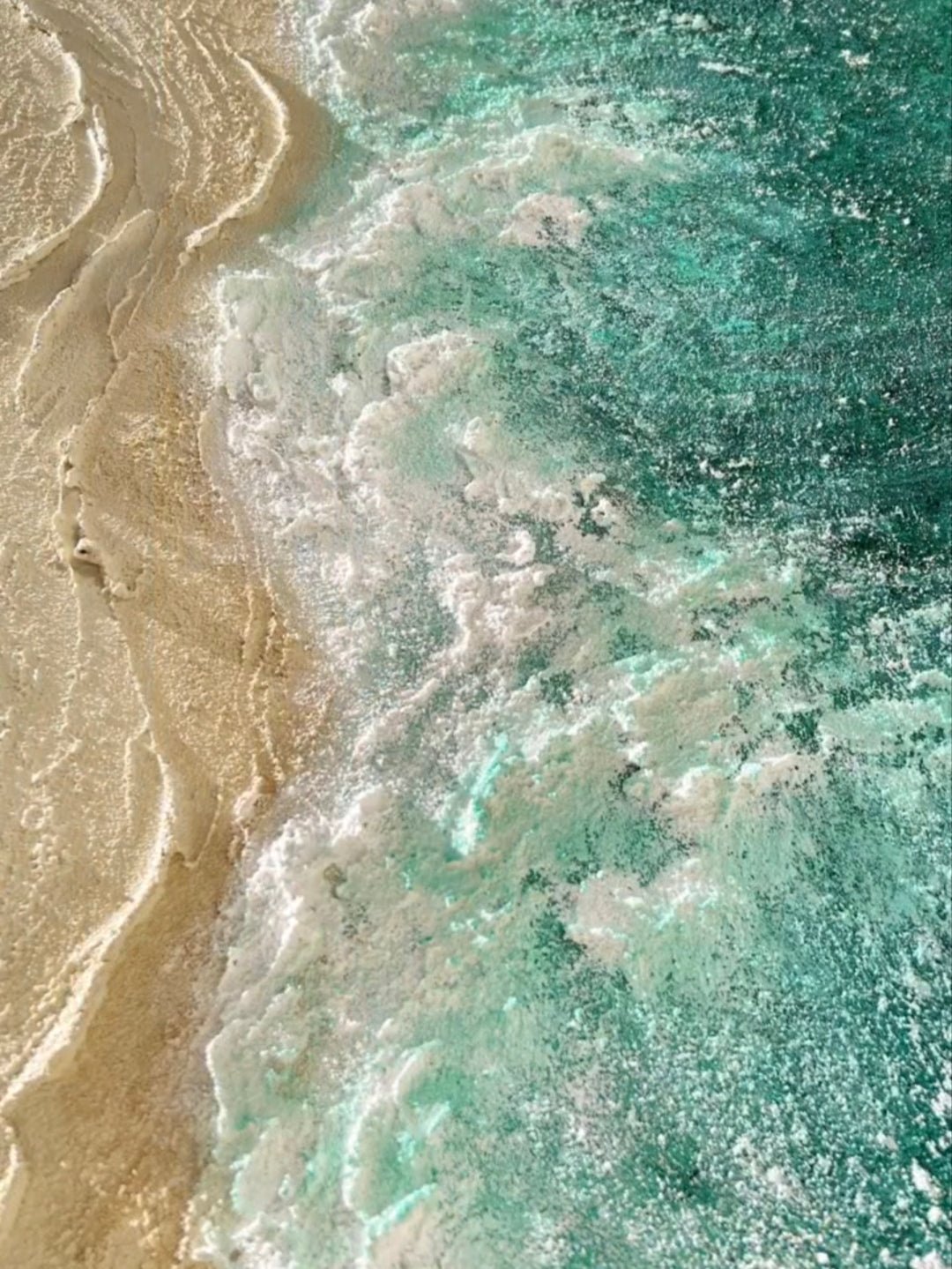 Hand-painted 3D textured aerial ocean waves and gold sand beach oil painting on canvas by Leo Liang, modern coastal wall art.