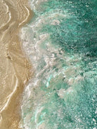 Hand-painted 3D textured aerial ocean waves and gold sand beach oil painting on canvas by Leo Liang, modern coastal wall art.