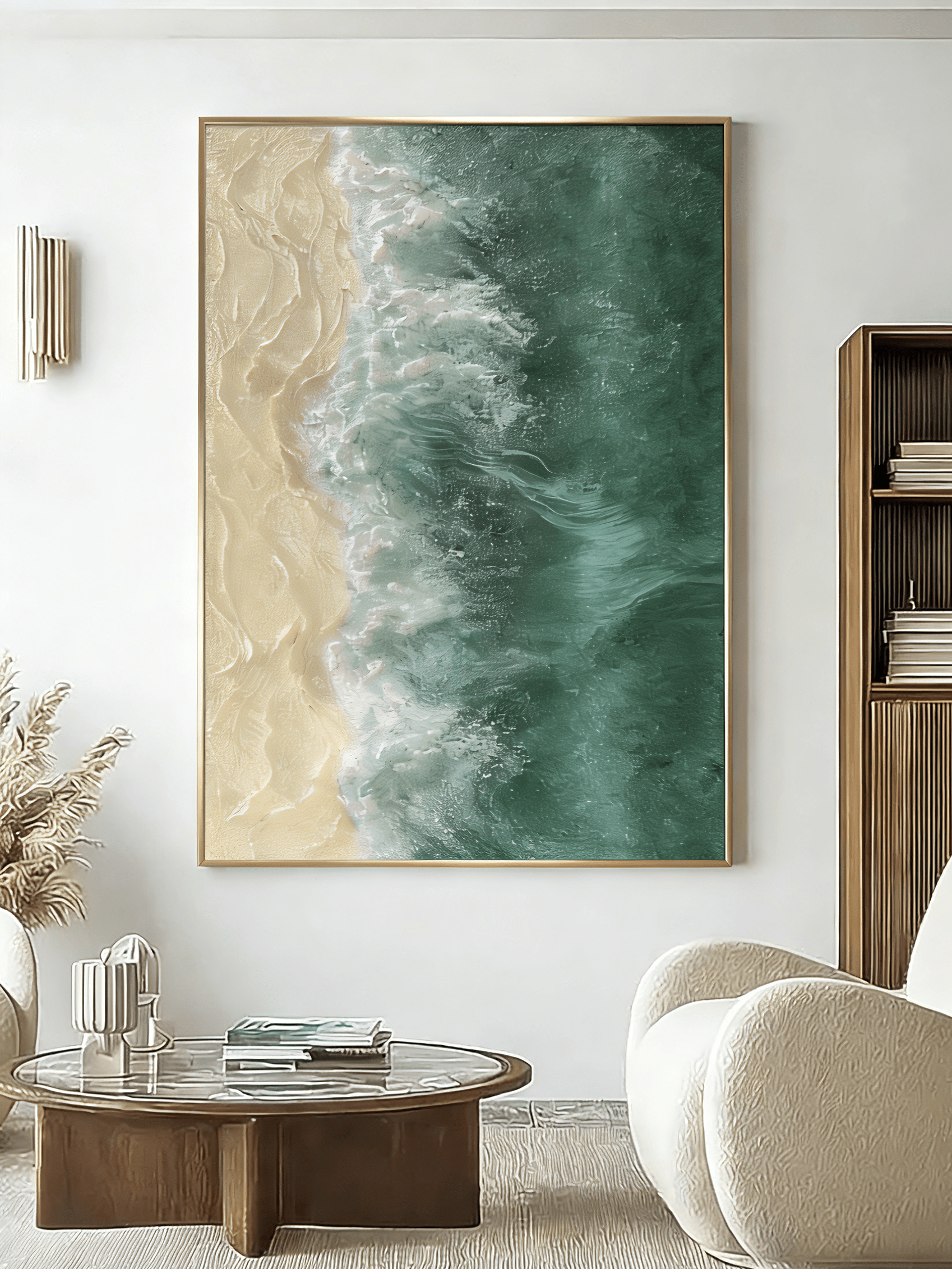 Hand-painted 3D textured aerial ocean waves and gold sand beach oil painting on canvas by Leo Liang, modern coastal wall art.