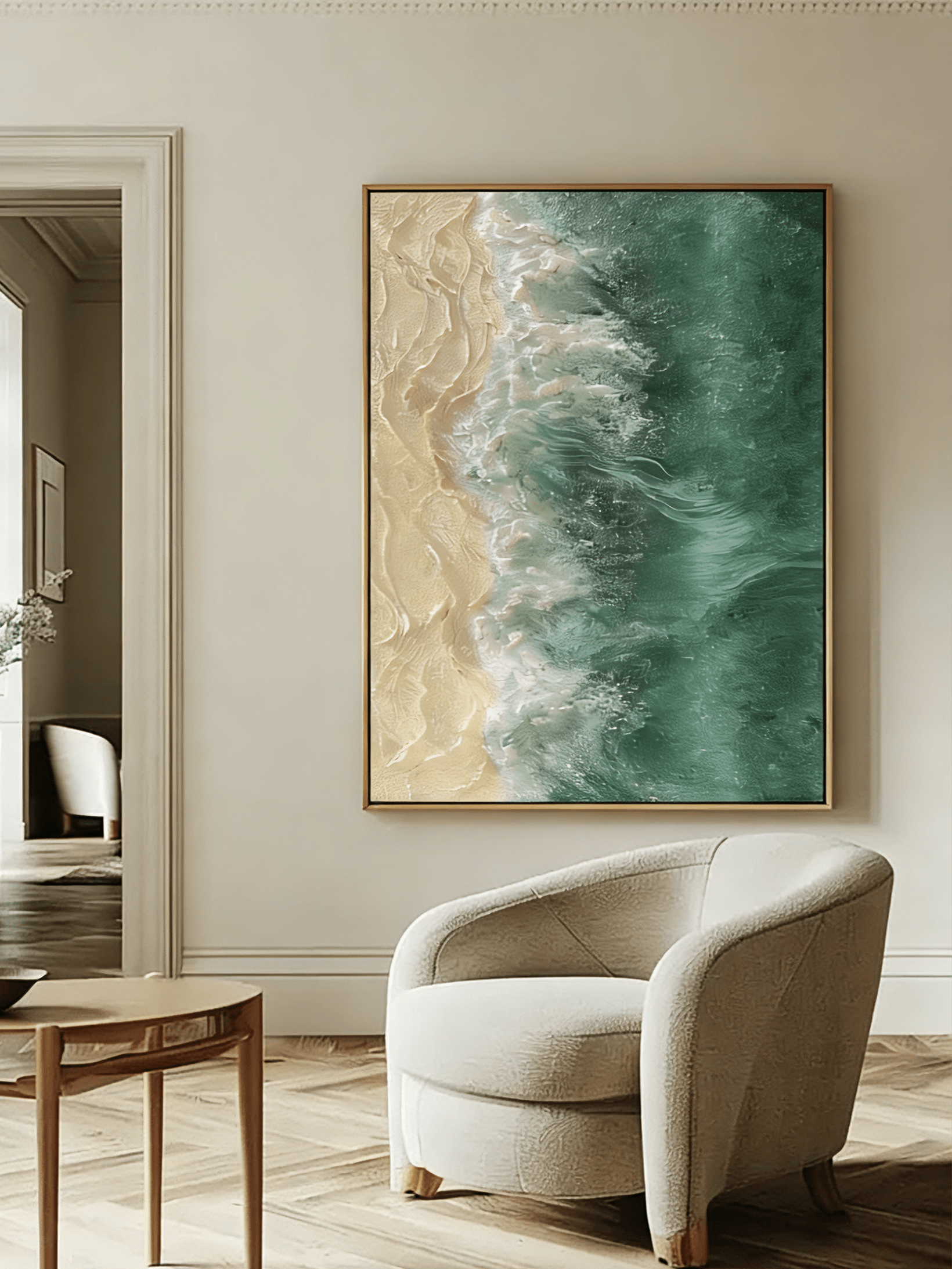 Hand-painted 3D textured aerial ocean waves and gold sand beach oil painting on canvas by Leo Liang, modern coastal wall art.