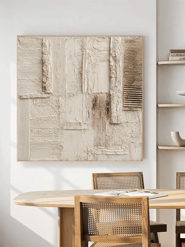Large square oatmeal and cream heavy textured abstract painting, hand-painted Wabi-sabi wall art by Leo Liang for minimalist living room.