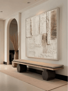 Large square oatmeal and cream heavy textured abstract painting, hand-painted Wabi-sabi wall art by Leo Liang for minimalist living room.