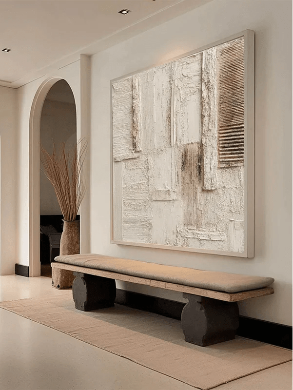 Large square oatmeal and cream heavy textured abstract painting, hand-painted Wabi-sabi wall art by Leo Liang for minimalist living room.