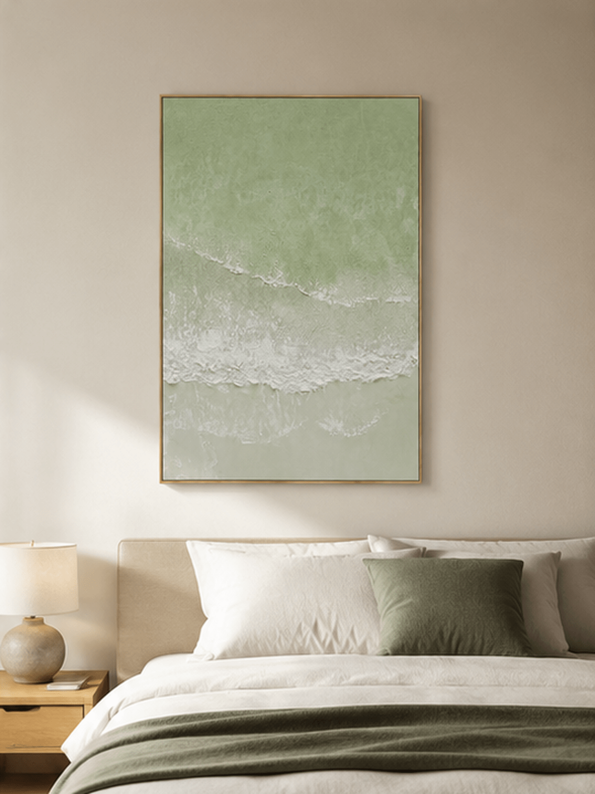 Minimalist sage green shoreline wall art displayed above the bed in a calm neutral bedroom