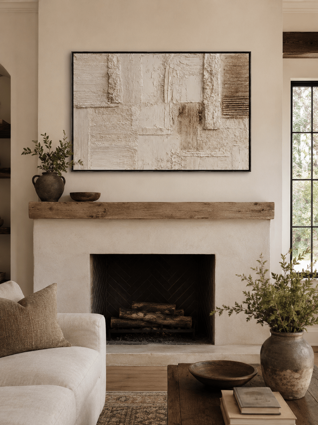 Large neutral framed heavy textured canvas print mounted above a white fireplace.