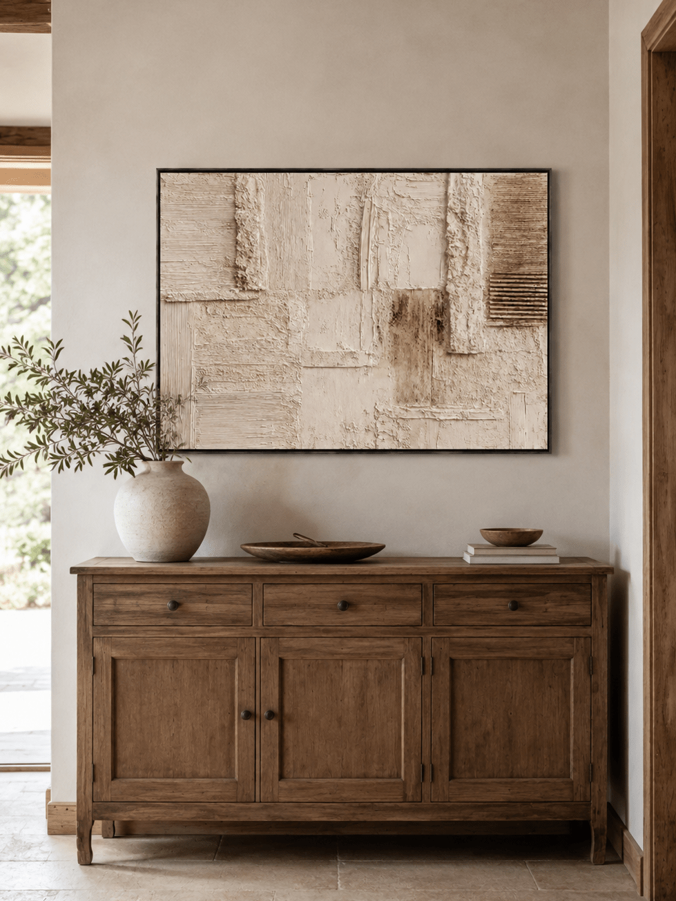Ivory and beige textured abstract painting displayed above a long wood console in a modern entryway