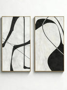 Hand-painted black and white abstract textured canvas art by Lena Petrova for modern living room decor, set of 2.