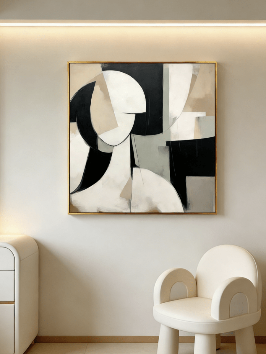 Large square minimalist abstract female portrait painting in beige, black, and taupe by Lena Petrova, hanging in a modern living room.