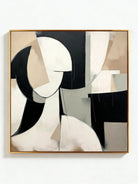 Large square minimalist abstract female portrait painting in beige, black, and taupe by Lena Petrova, hanging in a modern living room.