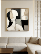 Large square minimalist abstract female portrait painting in beige, black, and taupe by Lena Petrova, hanging in a modern living room.