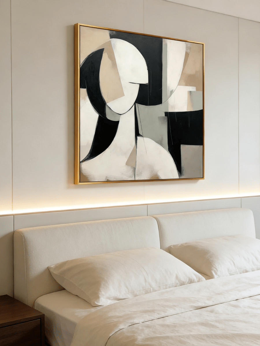 Large square minimalist abstract female portrait painting in beige, black, and taupe by Lena Petrova, hanging in a modern living room.