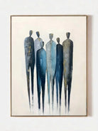 A hand-painted minimalist abstract painting of six tall figures in blue and grey on a white background with gold leaf accents