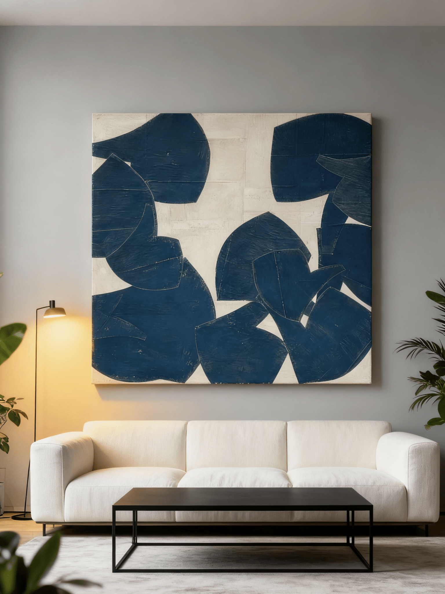 Minimalist geometric painting hanging above a mid-century modern sofa in a living room.
