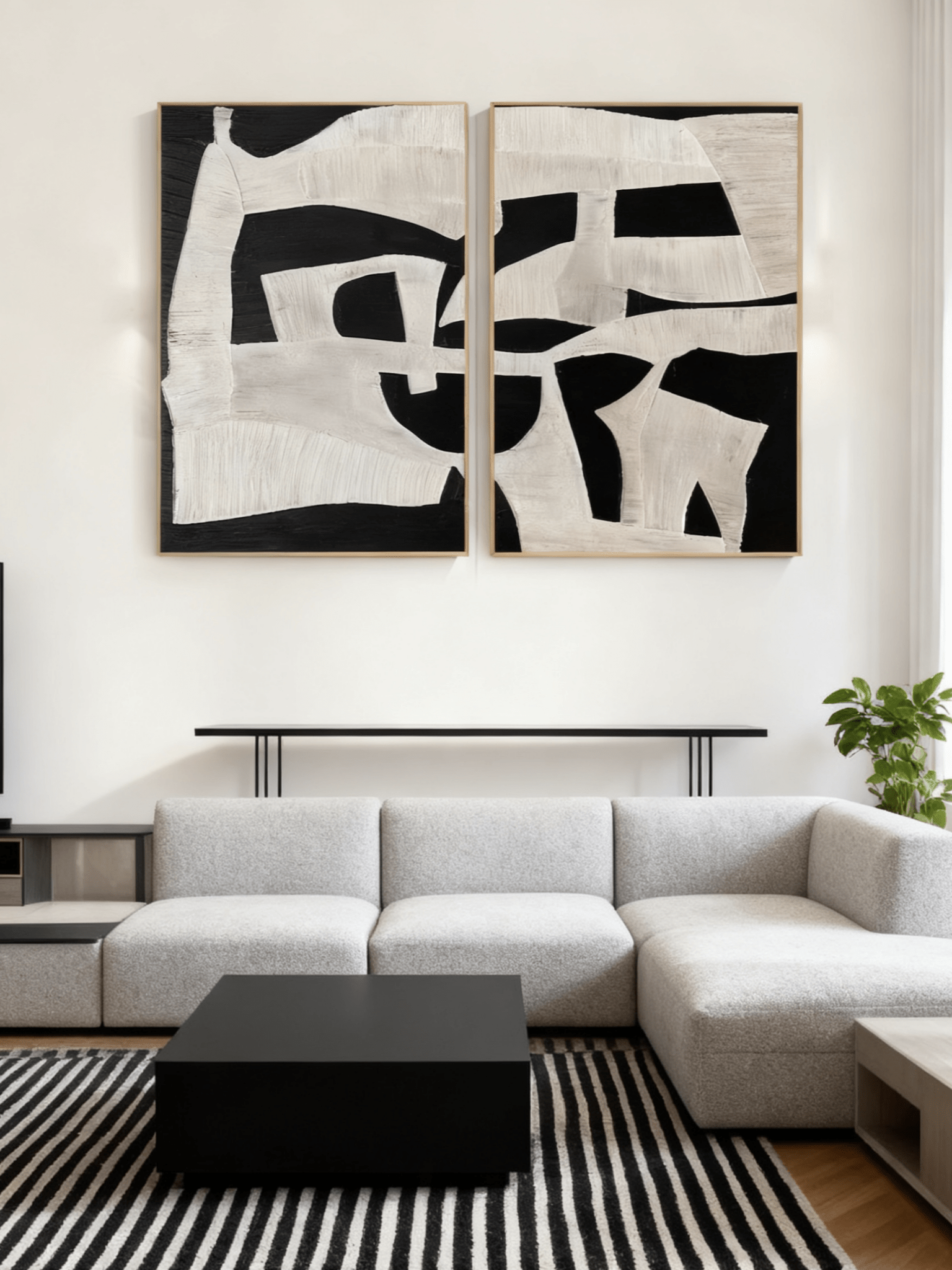 Hand-painted modern abstract diptych wall art with irregular geometric shapes on canvas, from WABI-Wall Art.