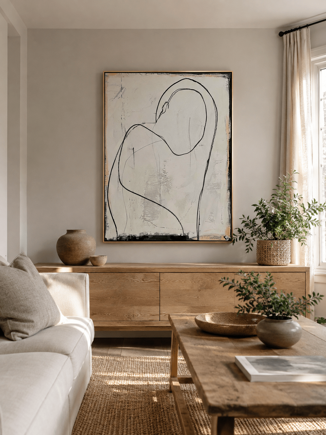 Minimalist female figure painting above a neutral sofa in a wabi-sabi living room