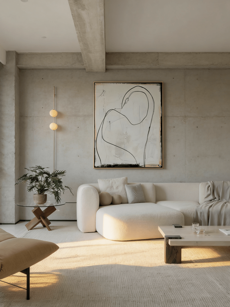 minimalist abstraction painting  – fluid charcoal lines on textured beige background, body-positive wall art