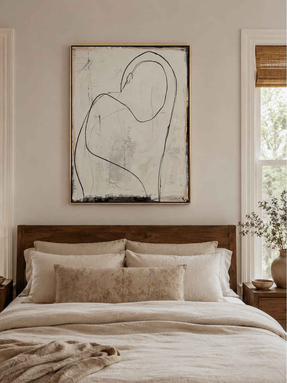 Neutral line art female figure displayed above a bed in a warm minimalist bedroom