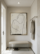 minimalist abstraction painting  – fluid charcoal lines on textured beige background, body-positive wall art
