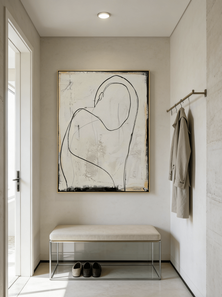 minimalist abstraction painting  – fluid charcoal lines on textured beige background, body-positive wall art
