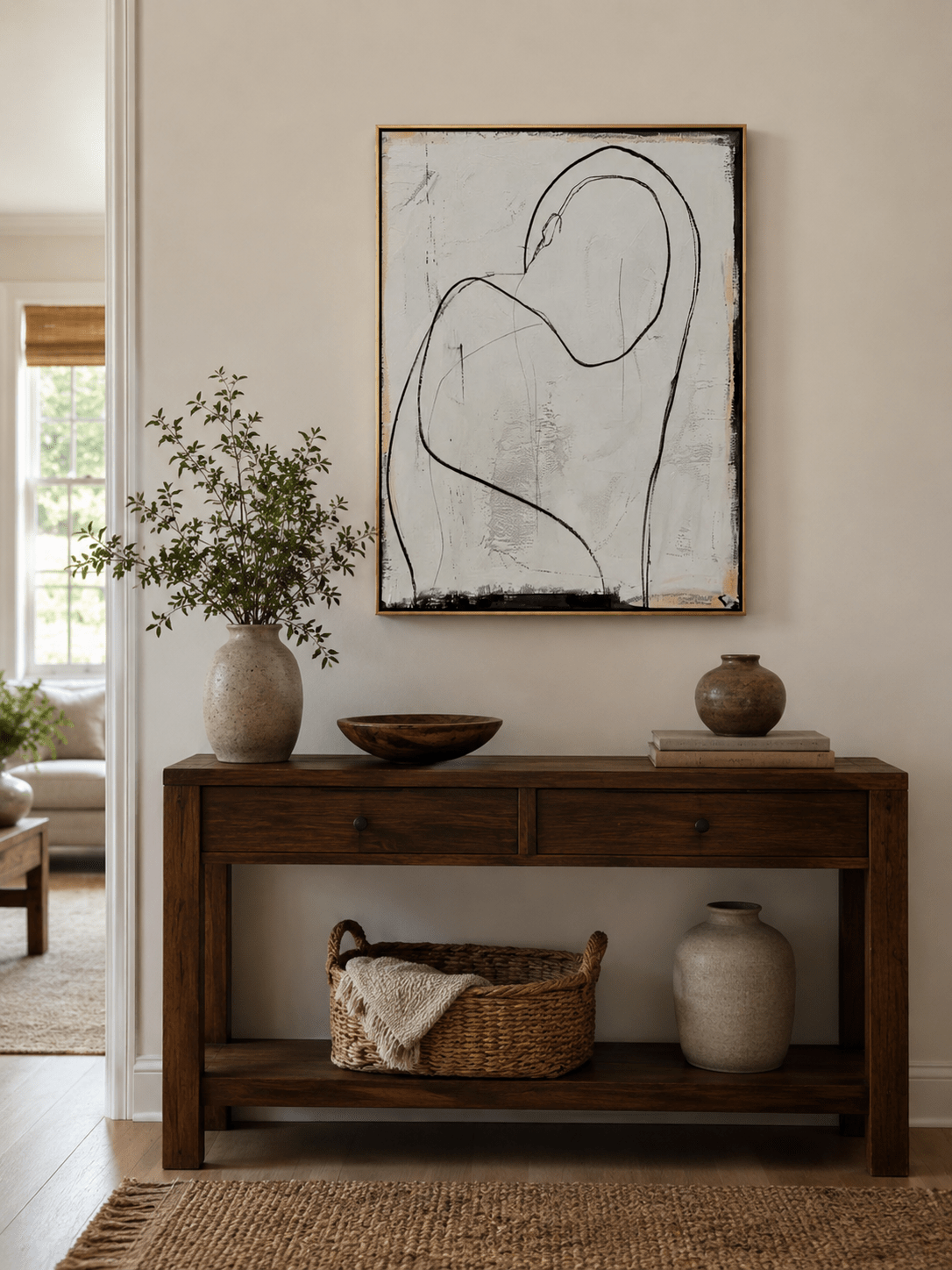 Minimalist black and ivory figure painting above an entryway console in a Japandi foyer