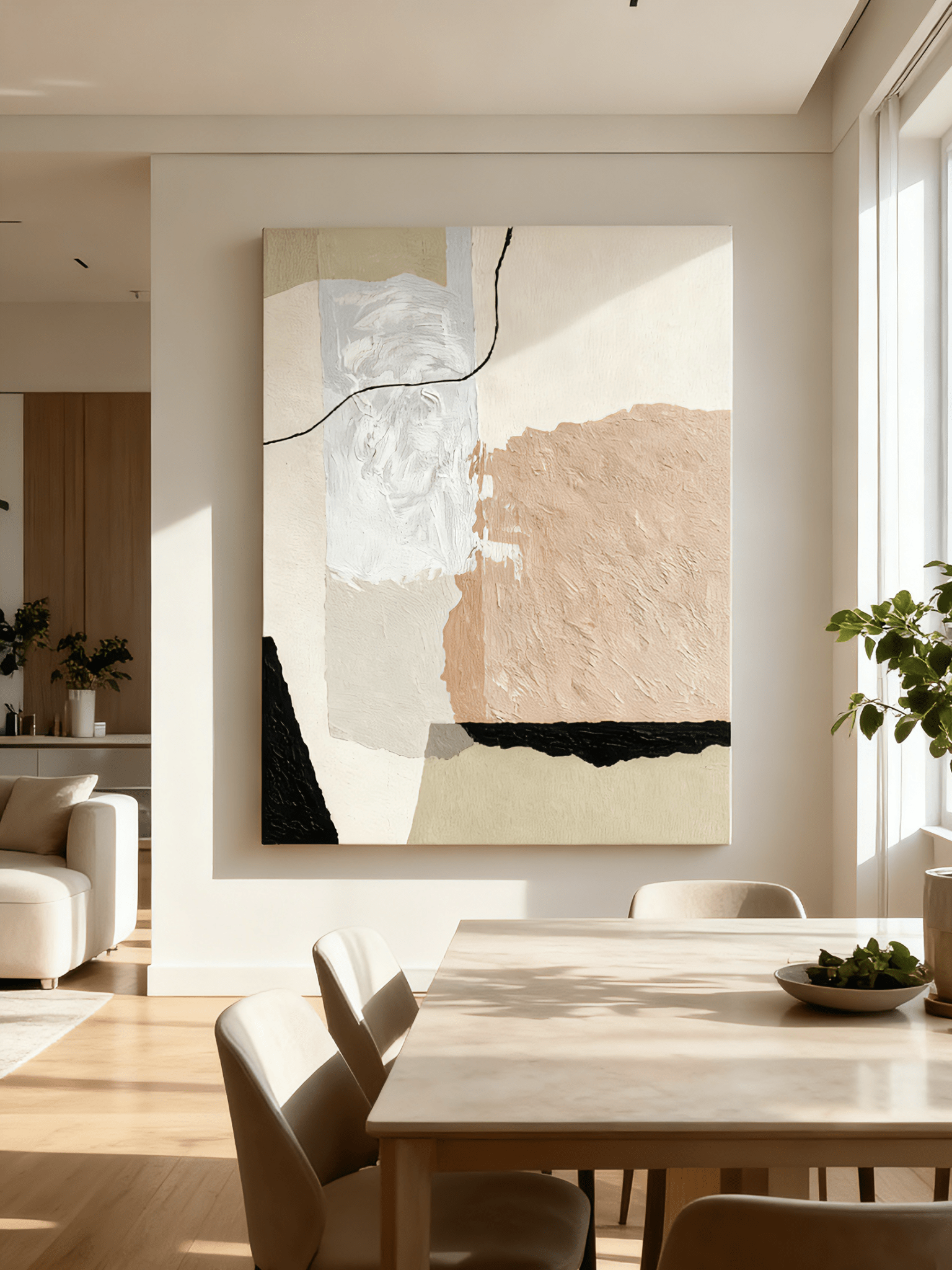 Contemporary living room wall decor featuring abstract painting with irregular shapes composition in modern interior setting