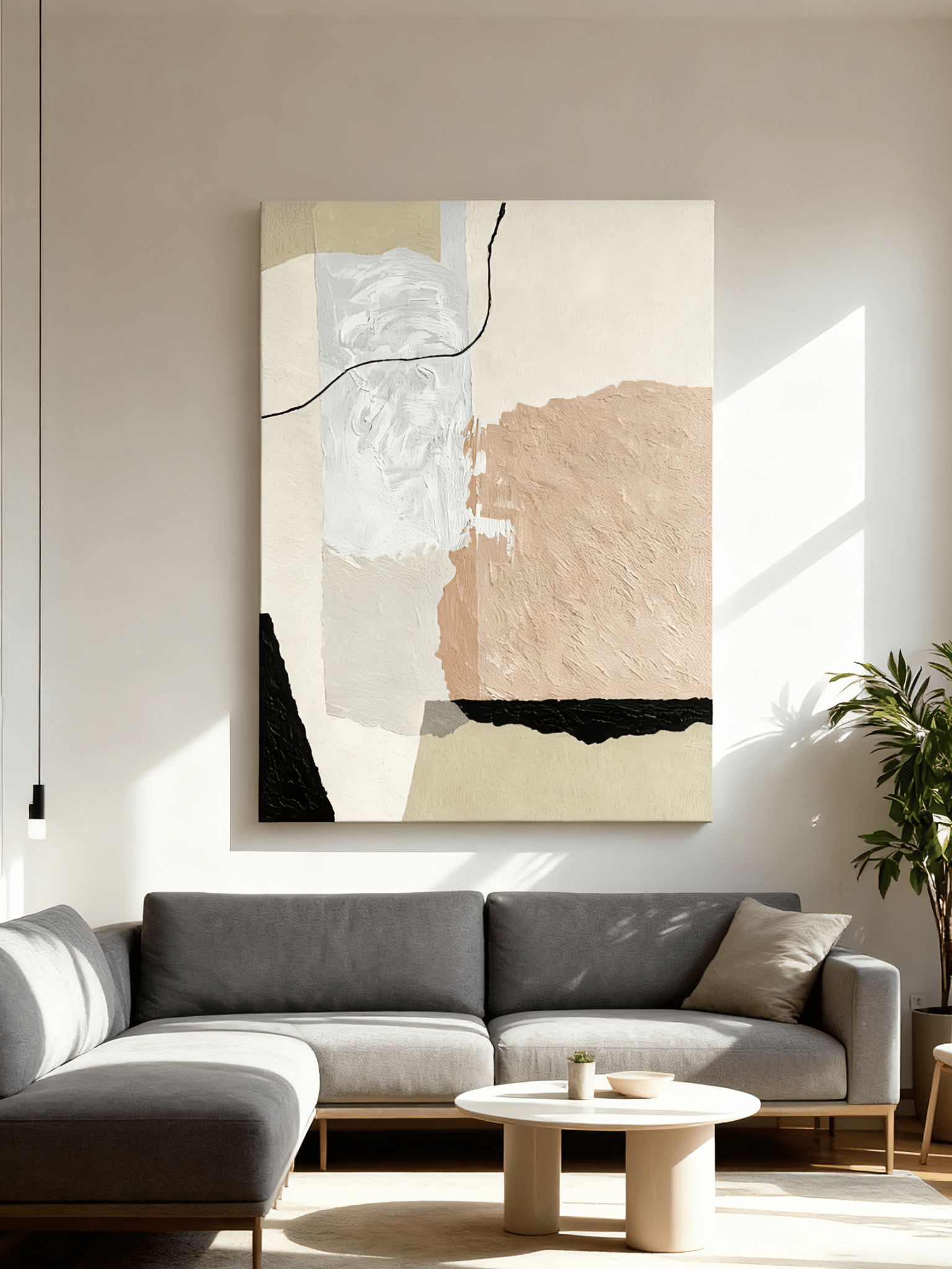 Contemporary living room wall decor featuring abstract painting with irregular shapes composition in modern interior setting