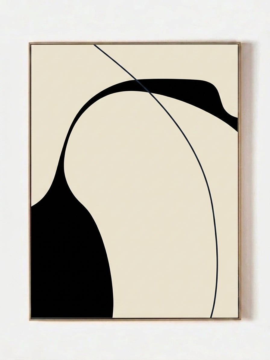 Large hand-painted organic minimalist abstract painting; black silhouette and blue line on off-white canvas for modern decor.