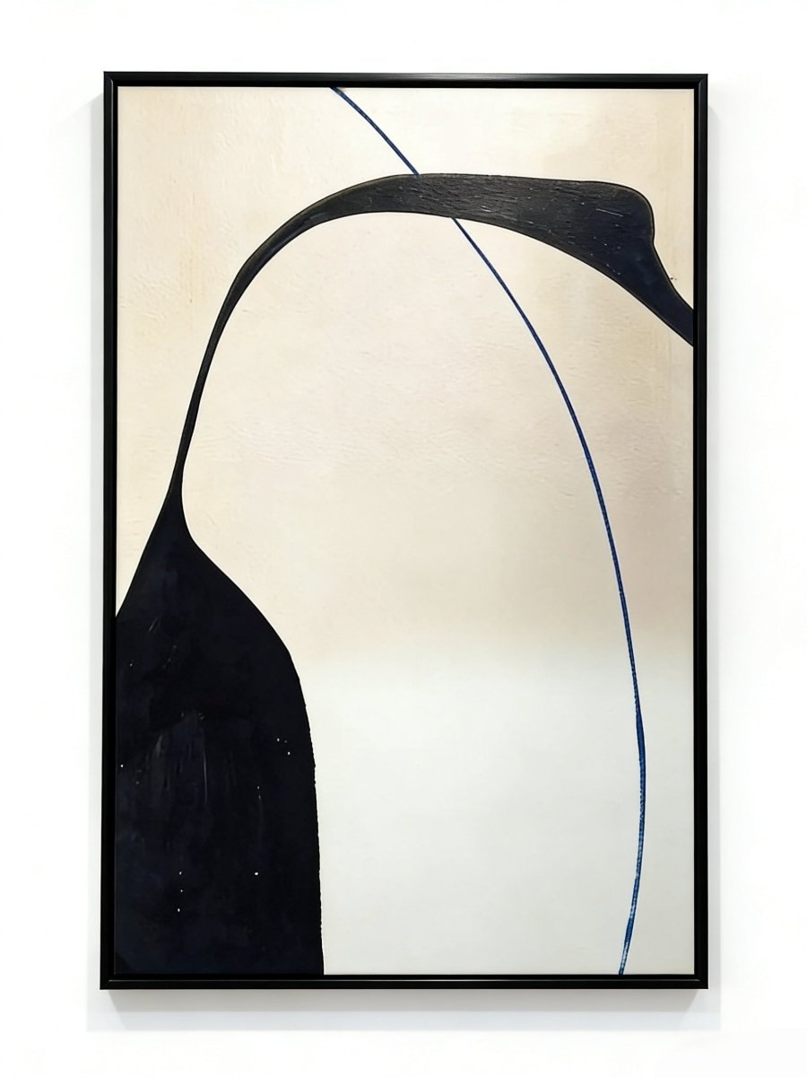 Large hand-painted organic minimalist abstract painting; black silhouette and blue line on off-white canvas for modern decor.