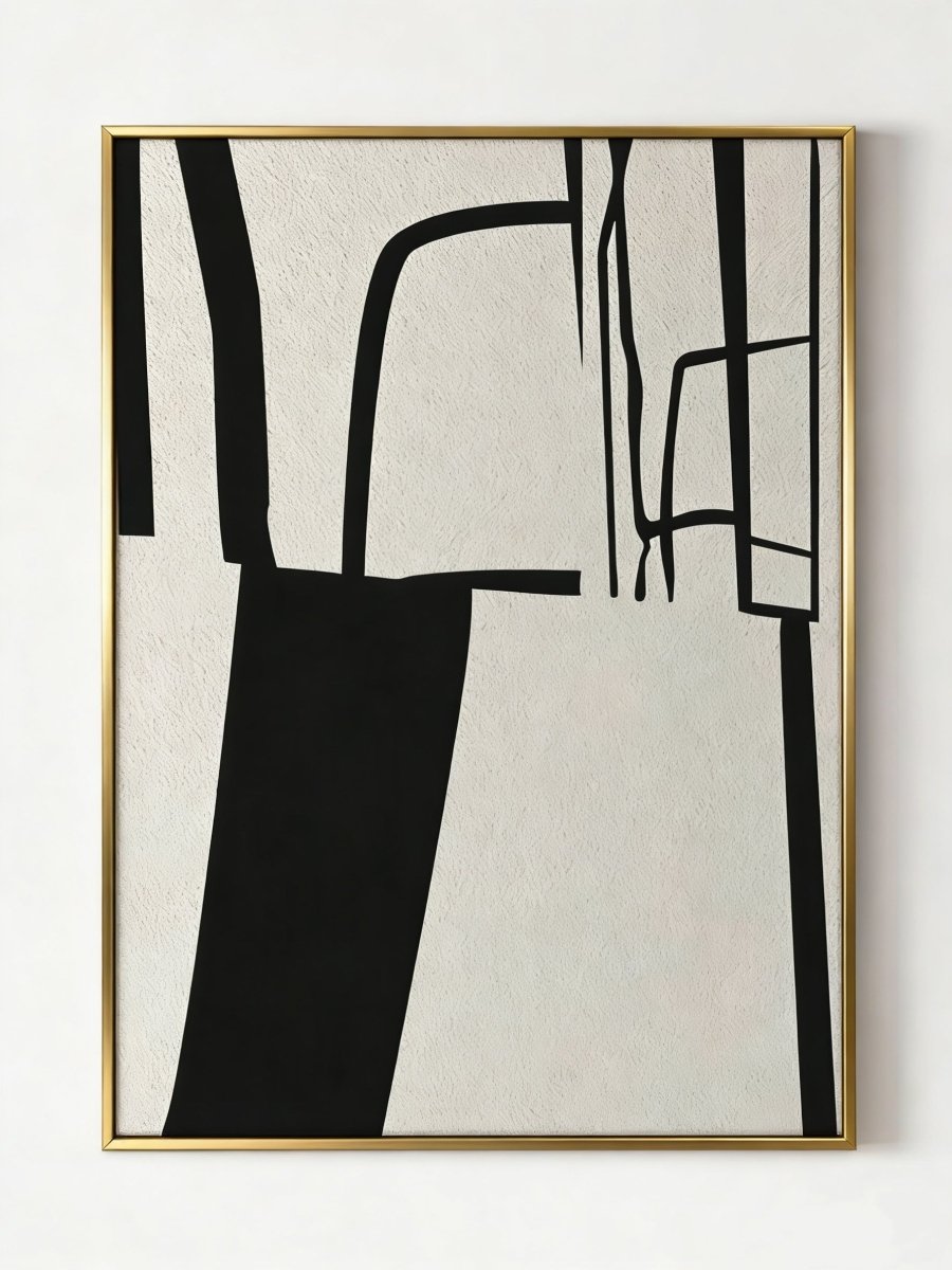 Large vertical hand-painted abstract geometric oil painting featuring bold black blocks and heavy white texture on canvas